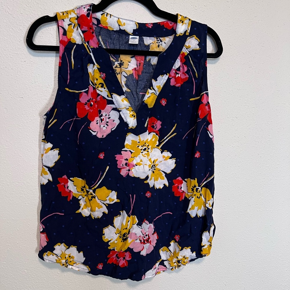 Floral Sleeveless Top - Navy, Yellow, Red